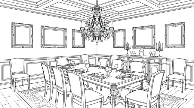Classic dining room interior line art, elegant banquet hall with chandelier and picture frames, luxury restaurant table setting vector illustration