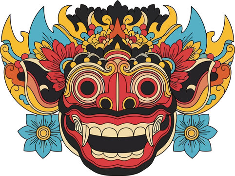 Vibrant Balinese mythical mask illustration depicting rich Indonesian cultural heritage.