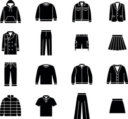 Casual Outerwear and Apparel Silhouette Icon Set featuring Hoodies Jackets Pants Skirts and Sweaters for E-Commerce Retail Platforms Fashion Catalogs and Digital Wardrobe Vector Designs © James walker