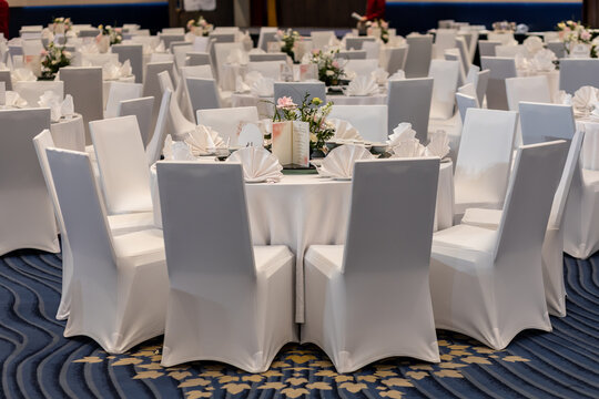 Elegant Banquet Table Setup in Luxury Hotel Ballroom for Wedding or Corporate Event