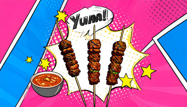 Delicious Meat Skewers with Dipping Sauce Pop Art Style.