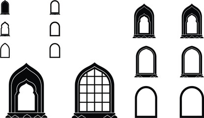 Islamic Arch Window Icon Set with Oriental Arabic Silhouette and Frame Vector Designs © PJ DeSign