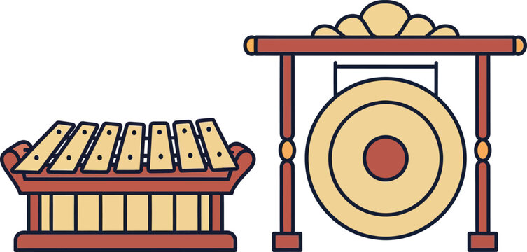 Gamelan instruments: Indonesian gong and saron in flat design style.
