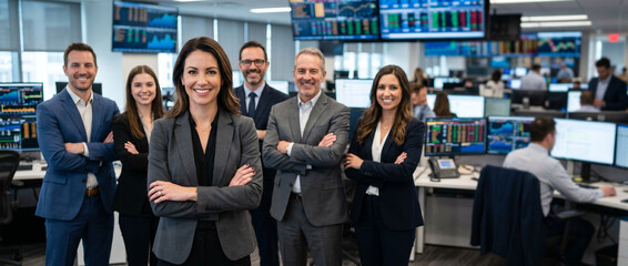 Obraz premium Portfolio manager leads diverse investment team in modern trading office, showcasing financial expertise, market analysis, wealth management and professional collaboration with copy space.