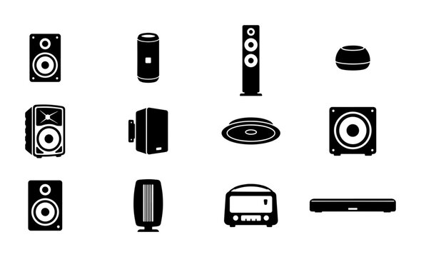 Audio Speaker Icons Set, Sound System Vector Graphics, Home Theater Equipment Collection, Music Device Silhouettes