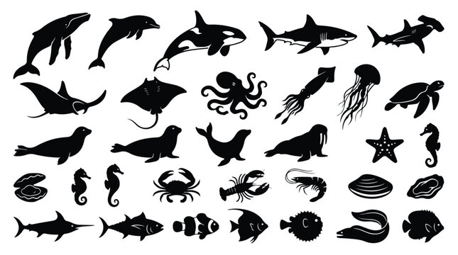 Marine life silhouette collection, 30 sea animal vector icons, black aquatic creature set including whale shark octopus and dolphin isolated PNG with Transparent Background