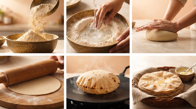 Traditional Indian Gujarati food flat bread roti or Phulka chapati making stage process storyboard, flour mixing to roti roasting on hot griddle (tava)
