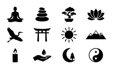 Obraz premium Zen Icons Set, Meditation Silhouette, Balancing Stones, Bonsai Tree, Lotus Flower, Crane Bird, Torii Gate, Sun, Mountains, Candle, Water Drop, Moon Tree, Yin Yang Symbol, Vector Graphics
