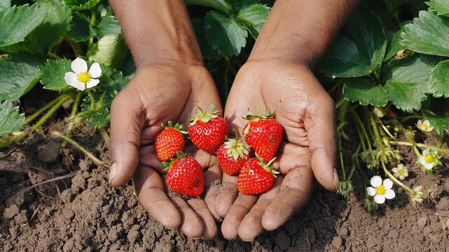 Freshly Picked Strawberries in Hands &ndash; Harvest Time, Organic Gardening, Sustainable Food, and Healthy Lifestyle Close-Up