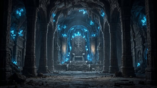 Ancient Crystal Throne Chamber Inside Underground Fantasy Temple