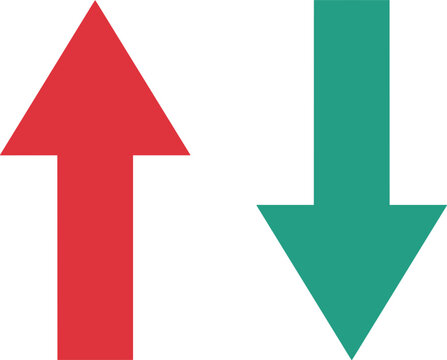 Upward red arrow and downward green arrow vector icons symbolizing financial market fluctuations exchange rates and growth