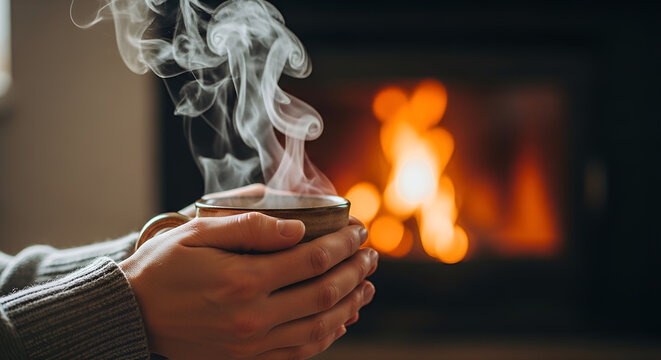 Cozy beverage by warm fireplace in quiet evening.