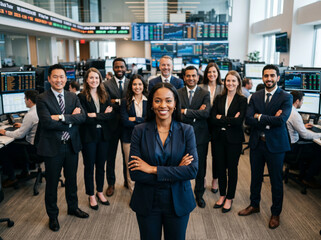 Fototapeta premium Portfolio manager leads diverse investment team in modern trading office, showcasing financial expertise, market analysis, wealth management and professional collaboration with copy space.