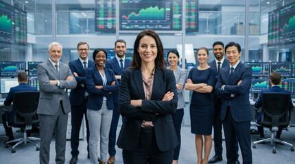 Obraz premium Portfolio manager leads diverse investment team in modern trading office, showcasing financial expertise, market analysis, wealth management and professional collaboration with copy space.