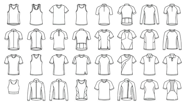 Sportswear apparel technical sketches, 31 activewear clothing templates, athletic jersey and cycling shirt vector outlines for fashion design isolated PNG with Transparent Background