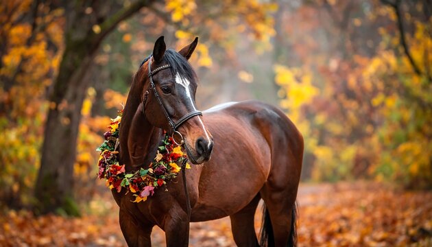 A brown horse stands on a forest path adorned with a vibrant floral garland