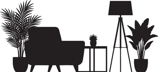 Fototapeta premium Black silhouette of modern living room furniture and plants isolated on white background, illustration