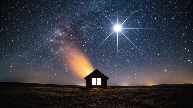 Distant Star Illuminates Solitary House Under Vast Starry Night Sky