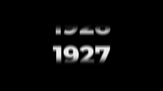 Reverse 109 year counter animation scrolling back from 2026 to 1917. White 3D text on black background. Going back in time flashback and history timeline motion graphics concept.