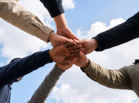 Hands United: Low-Angle Team Stack Beneath Open Sky&mdash;Unity, Trust, and 8K Collaborative Clarity