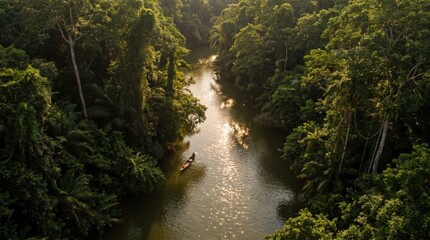 Aerial view of a lone boat on a river in the middle of a lush tropical jungle at golden sunset © R Arts