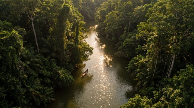 Aerial view of a lone boat on a river in the middle of a lush tropical jungle at golden sunset