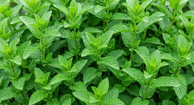 Close-up view of fresh green peppermint leaves growing in a dense garden patch, vibrant serrated foliage forming a natural textured background, pattern of organic, herb plants