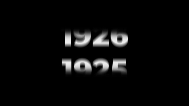 Reverse 111 year counter animation scrolling back from 2026 to 1915. White 3D text on black background. Going back in time flashback and history timeline motion graphics concept.