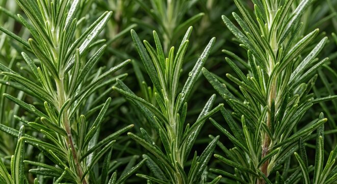 Close-up view of fresh green rosemary sprigs with needle-like leaves, showing detailed texture and vibrant natural foliage in a garden setting, captured with soft natural lighting