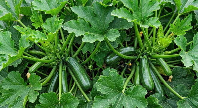 Close-up view of fresh green zucchini vegetables growing on a leafy plant in a garden, showing dark green elongated squash fruits nestled among large, textured, serrated foliage in a vegetable