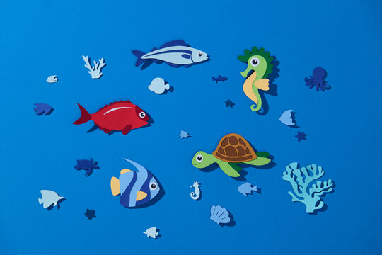 Colorful Marine Life Illustration with Fish, Turtle, and Sea Coral
