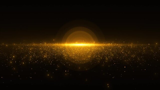 Golden horizon light particles background bright sunrise glow, floating glitter, cinematic space.