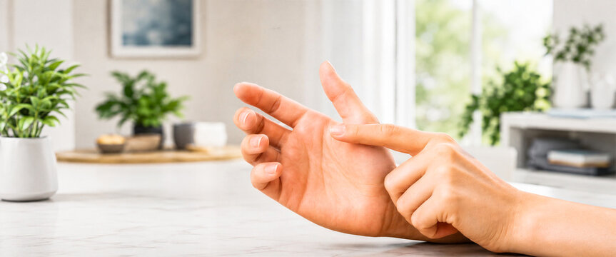 Counting on Fingers: A close-up shot showcases a person's hand with fingers extended, thoughtfully counting. The blurred background hints at a home environment with plants and natural light.