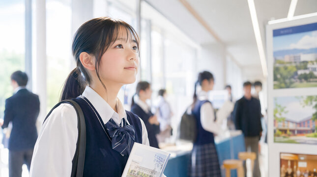 オープンキャンパスの風景・パンフレット（学校案内）を手に目を輝かせている女子生徒（日本人）