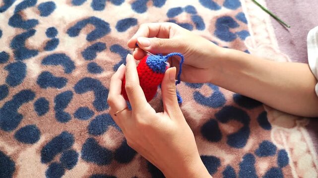 Person holding handmade knitted heart craft, hands holding red yarn heart with blue detail, handicraft hobby.