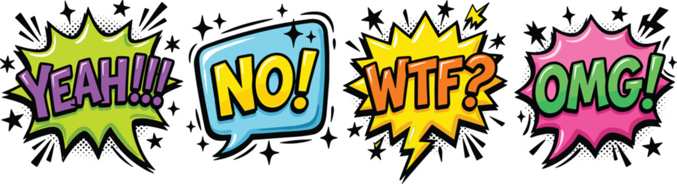 Comic book speech bubble collection with colorful slang text expressions like yeah no wtf and omg