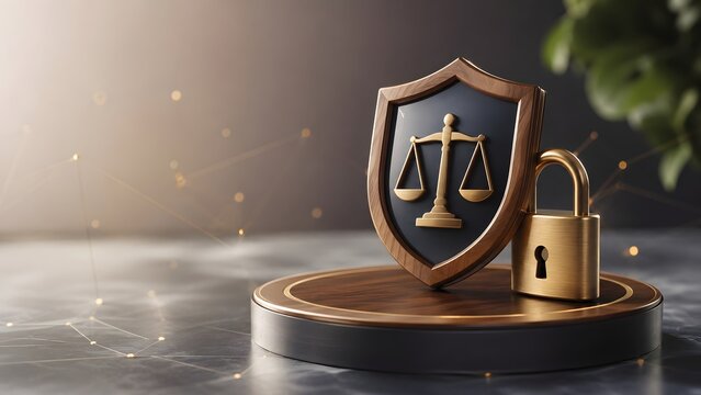 Digital compliance and legal protection concept featuring golden justice scales shield with security padlock on podium.