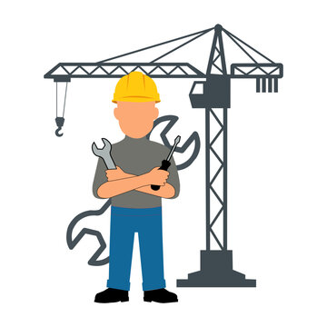Construction Worker with Tower Crane and Tools Flat Vector Illustration. Resizable and editable, EPS 10.