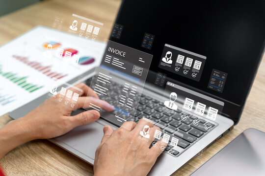 Asian Businesswoman Sending Online Invoice to Customer Using Laptop, Digital Billing, Automated Payment System, Electronic Invoicing, Accounts Receivable, Financial Management and Business Automation