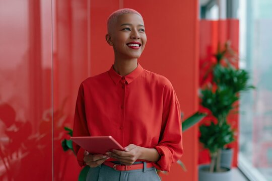Smiling woman in red blouse holding tablet beside glass wall for corporate portrait and marketing background images