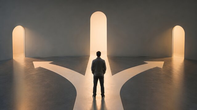 Business decision making and career path selection concept featuring businessman standing before multiple open doors with direction arrows.