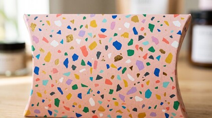Obraz premium Pink pillow gift box with colorful terrazzo pattern and gold foil accents on a wooden table.