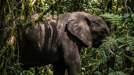 Fototapeta premium Young African elephant foraging in the dense tropical rainforest of a lush national park sanctuary