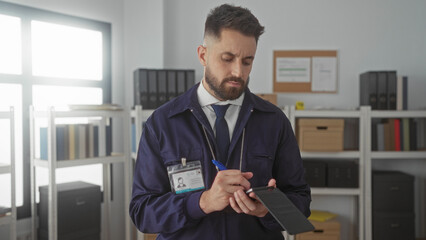 Fototapeta premium Man detective writing notes in notebook, hand holding pen, wearing badge and jacket inside building; duty focus.