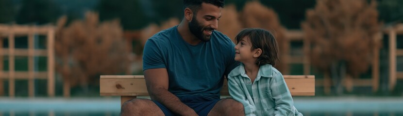Obraz premium Smiling father and young son sitting on bench at park facing each other for family portrait banner and lifestyle background
