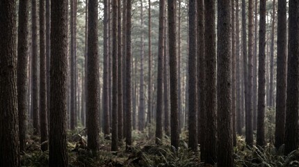Fototapeta premium Dense Pine Tree Forest with Tall Straight Trunks and Lush Green Ferns in Moody Morning Light