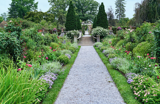 gravel path through formal gardens at Old Westbury Gardens mansion, Long Island