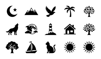 Fototapeta premium Nature and Travel Icons Set: Crescent Moon, Mountains, Dove, Palm Tree, Forest, Wolf, Earth, Lighthouse, House, Sailboat, Cat, Sun Symbols
