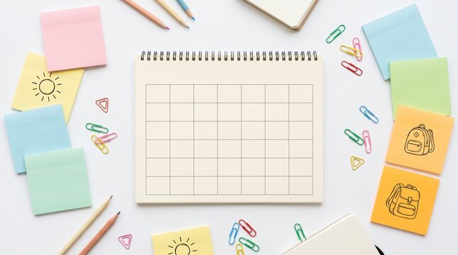 Overhead shot of sticky notes paperclips and calendar planning