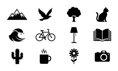Set of 12 Black Silhouette Icons: Mountain, Bird, Tree, Cat, Wave, Bicycle, Lamp, Book, Cactus, Coffee Cup, Flower, Camera. Simple Vector Graphics for Design. © Imran